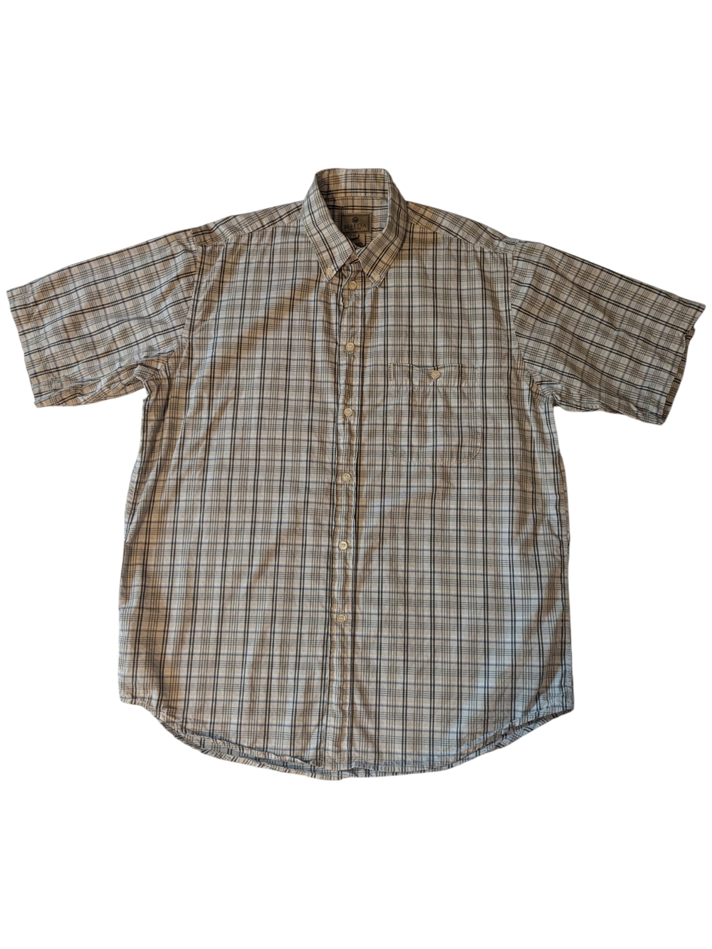 Beretta Brown Cream Plaid SS Button Down Collar W Pocket Casual Shirt Men's XL